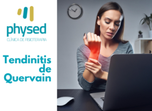 Mujer con tendinitis de Quervain sosteniendo su muñeca mientras trabaja en una computadora.